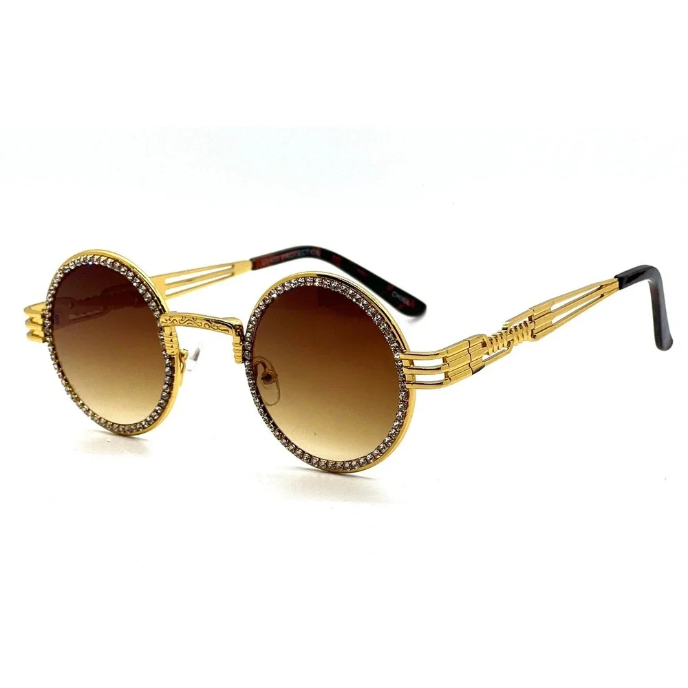 Rhinestone Sunglasses Round Gold Frame Brown Lens Men's Fashion Retro Luxury New
